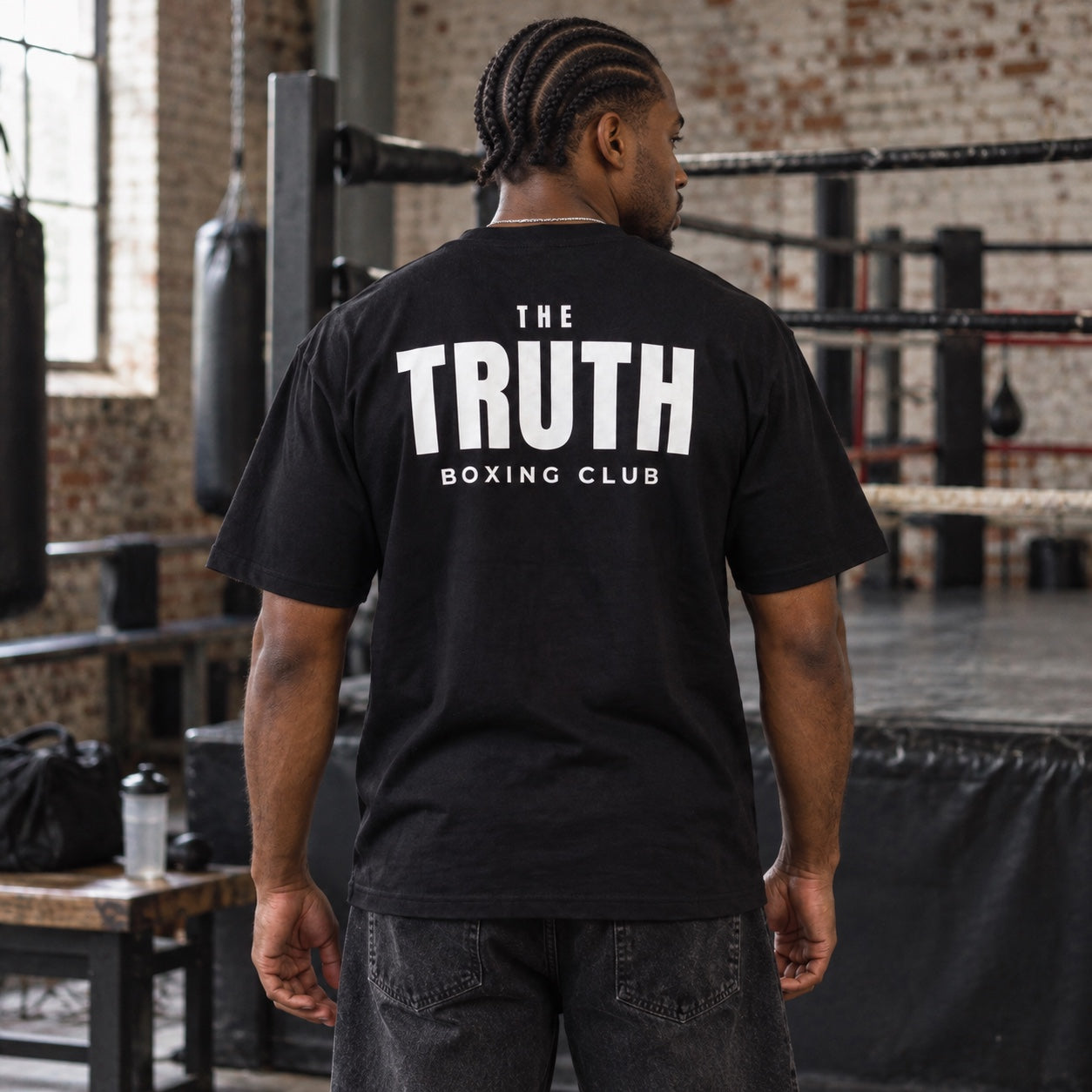 The Truth Boxing Club black tee, back view with white wordmark